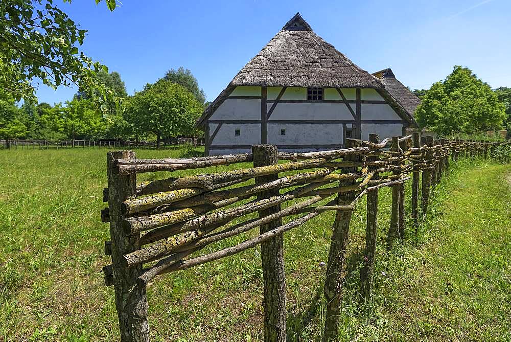 Swedish house built in 1554, small farmhouse in late medieval style, old wicker fence in front, Franconian Open Air Museum, Bad Windsheim, Middle Franconia, Bavaria, Germany, Europe