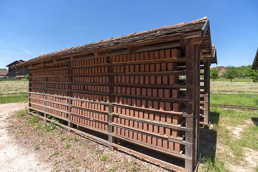 Drying racks of the finished bricks, produced in the brickworks, 19th century, Franconian Open Air Museum, Bad Windsheim, Middle Franconia, Bavaria, Germanyd