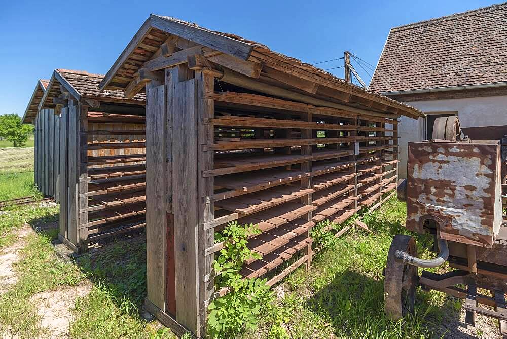 Drying racks of the finished roof tiles, produced in the brickworks, 19th century, Franconian Open Air Museum, Bad Windsheim, Middle Franconia, Bavaria, Germanyd