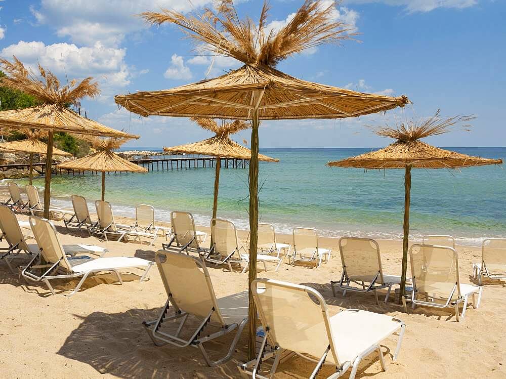 Umbrellas on the beach, St. Constantine and Helena resort, Varna province, Bulgaria, Europe