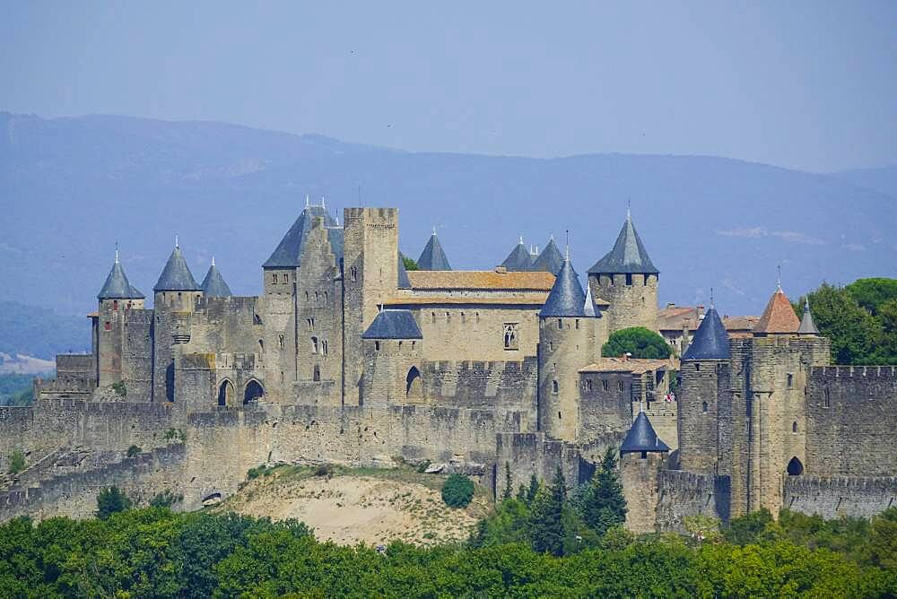 Medieval old town, Cite de Carcassonne fortress, UNESCO World Heritage Site, seen from the Belvedere d'Auriac rest area on the A61 motorway, Aude department, Occitanie region, southern France, France, Europe