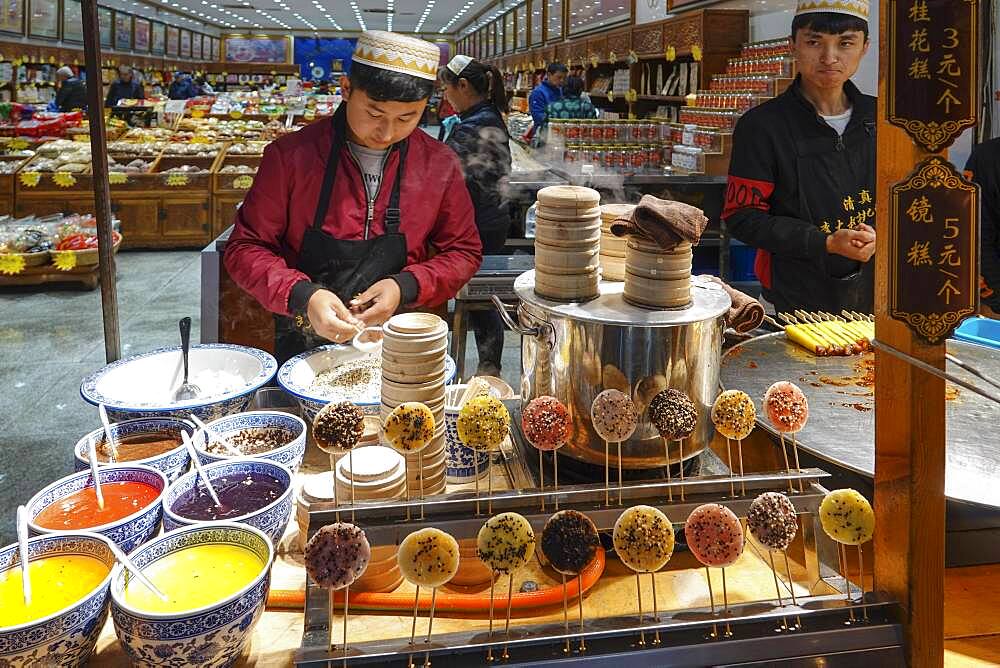 Street food stalls, restaurants in Snake Street, Xi'An, capital of Shaanxi Province, People's Republic of China