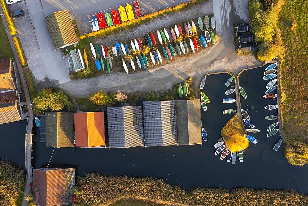 Boats and boathouses in the harbour from above, Seehausen am Staffelsee, morning light in autumn, drone shot, alpine foreland, Upper Bavaria, Bavaria, Germany, Europe