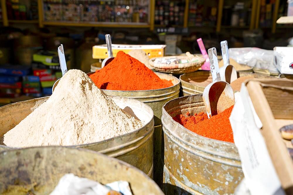 Variety of spices in old town market in Marrakech, Morroco, North Africa