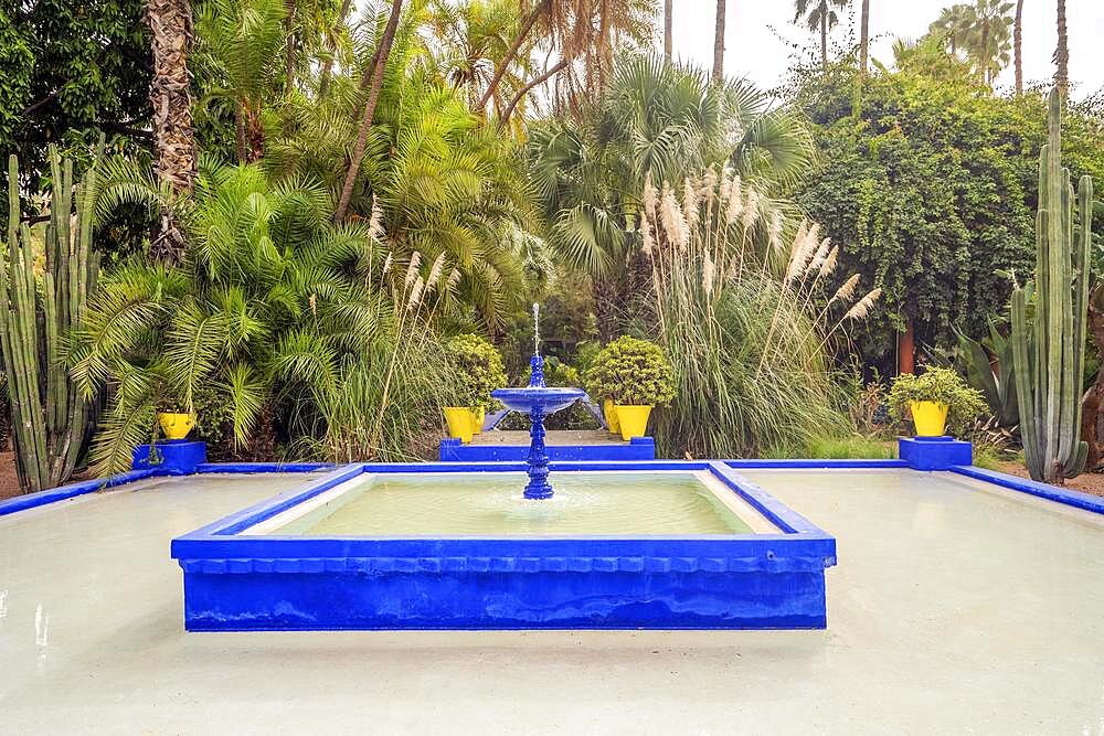 Marrakech, Morocco, January 15, 2020:Beautiful fountain in Majorelle Garden established by Yves Saint Laurent, Africa