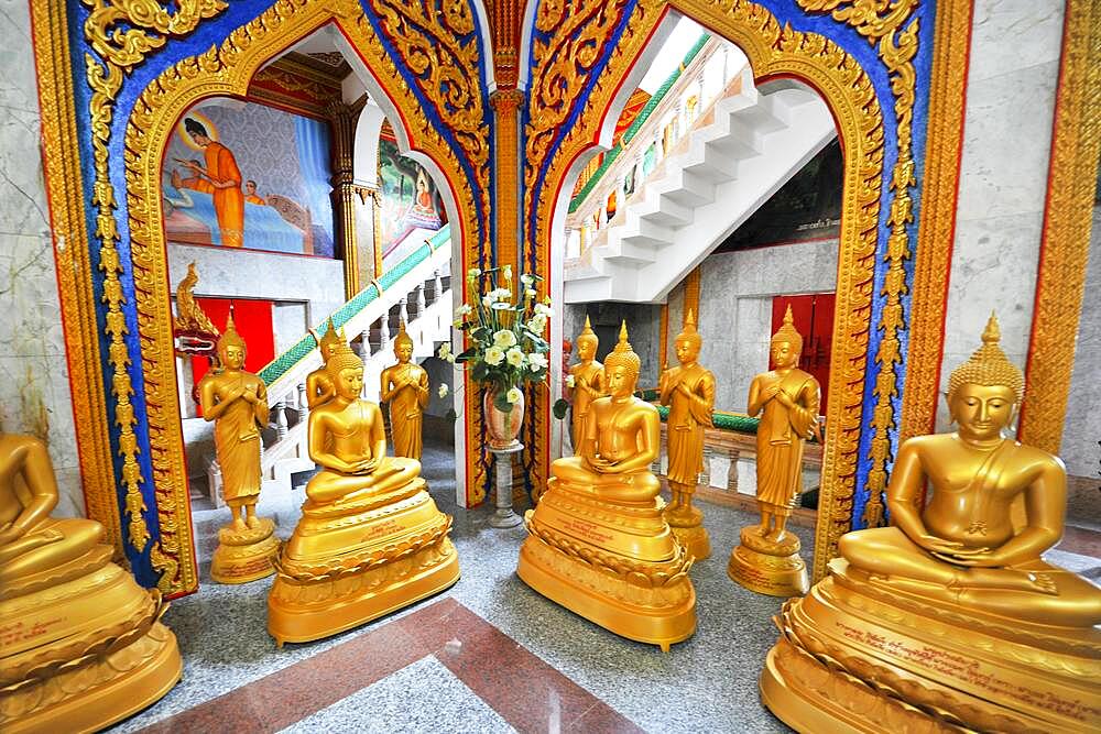 Gilded Buddha statues, Buddhist temple Wat Chalong, Phuket, Thailand, Asia