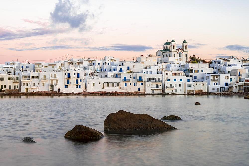 Town view in the evening, Naoussa harbour town, Paros island, Cyclades, Greece, Europe