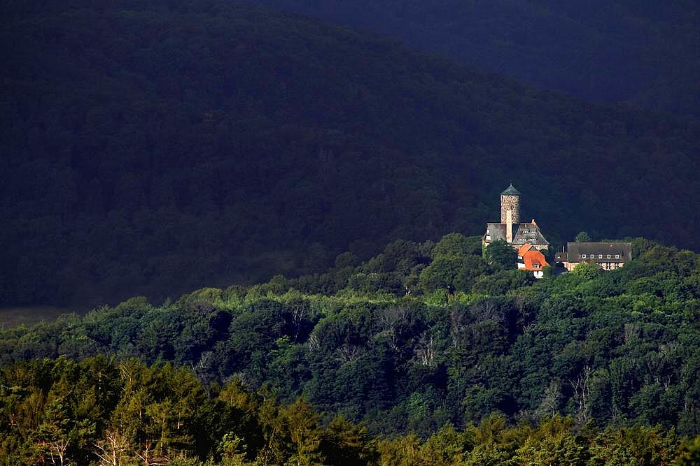 View from Bornhagen to Ludwigstein Castle in the Werra-Meissner district in Hesse, late medieval castle surrounded by forests of the Werra Mountains, Green Belt, border path, inner-German border, Bornhagen, Eichsfeld district, Thuringia, Germany, Europe