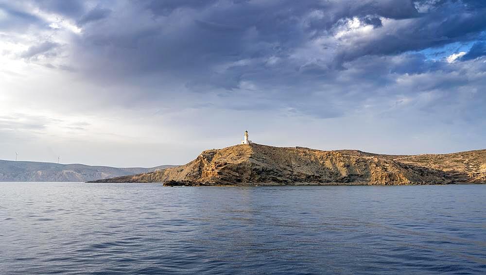 Prasonisi lighthouse in evening light, dramatic cloudy sky, Rhodes, Dodecanese, Greece, Europe