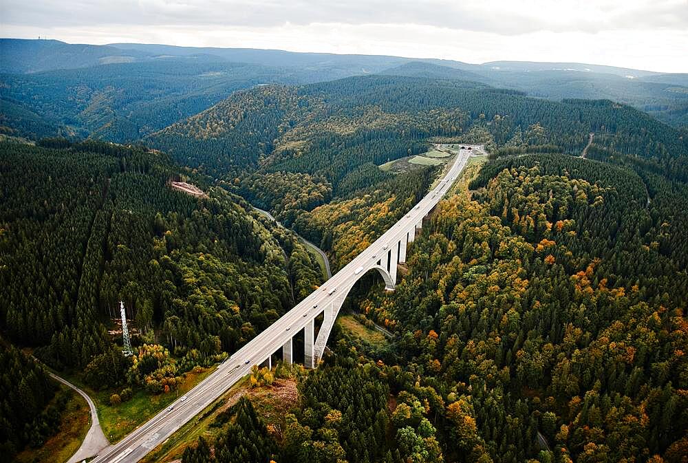 Motorway A71 in front of Rennsteig tunnel in the background Schneekopf, Thuringian Forest, Thuringia, Germany, Europe