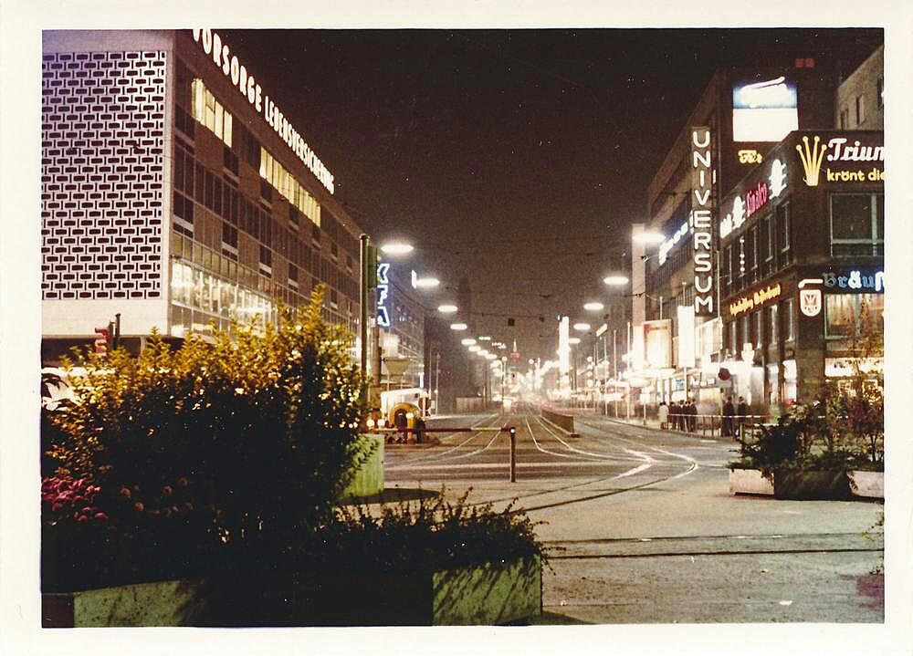 Stuttgart at night in 1963: Untere Koenigsstrasse with illuminated advertising, tram tracks, Baden-Wuerttemberg, Germany, Europe