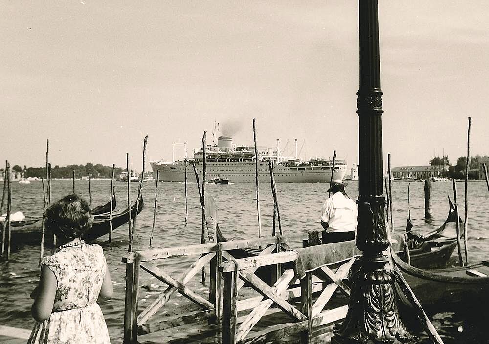 View of a cruise ship from the Riva degli Schiavoni, Venezia, Venice, historical photo from 1960, Italy, Europe