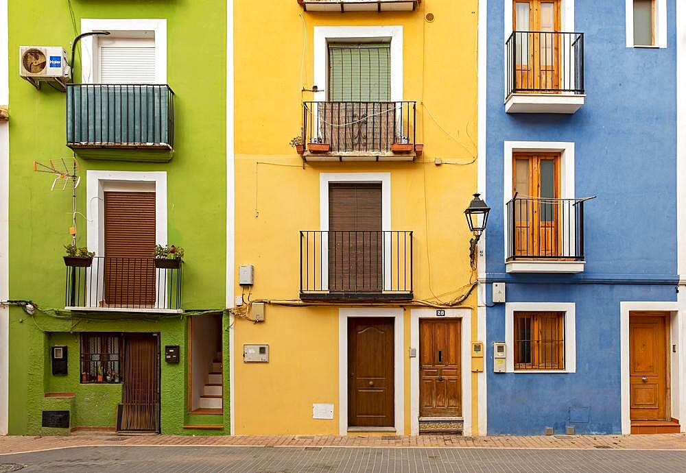 Close-up of colorful windows and doors of fishermen's houses in Villajoyosa, Spain, Europe