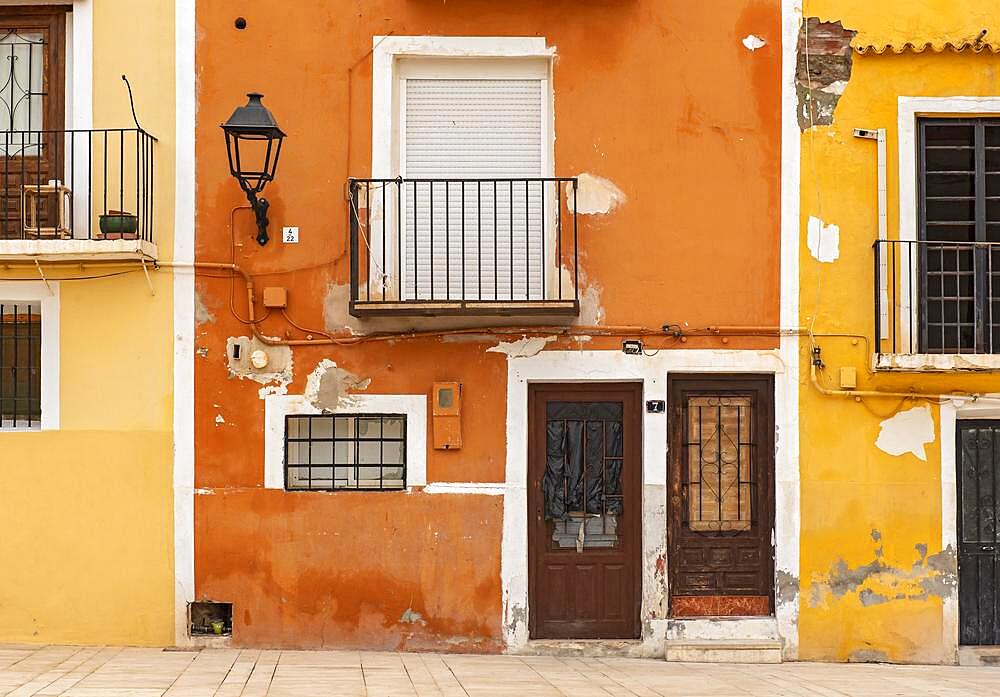 Close-up of colorful windows and doors of fishermen's houses in Villajoyosa, Spain, Europe