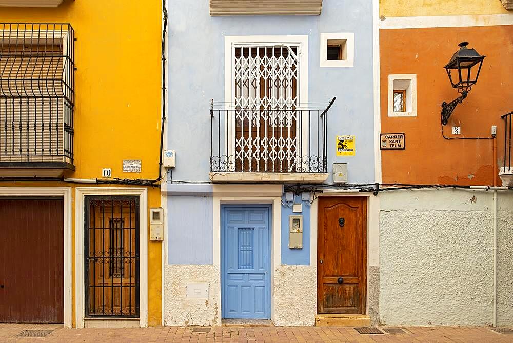 Close-up of colorful windows and doors of fishermen's houses in Villajoyosa, Spain, Europe