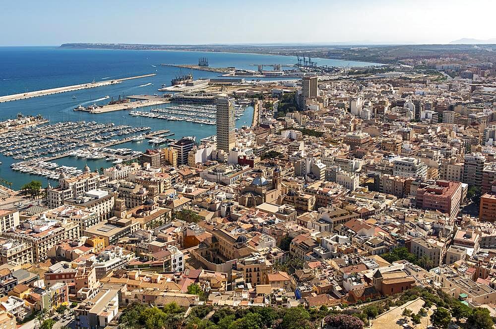 View of Alicante old town from Santa Barbara Castle on Mount Benacantil, Alacant, Spain, Europe