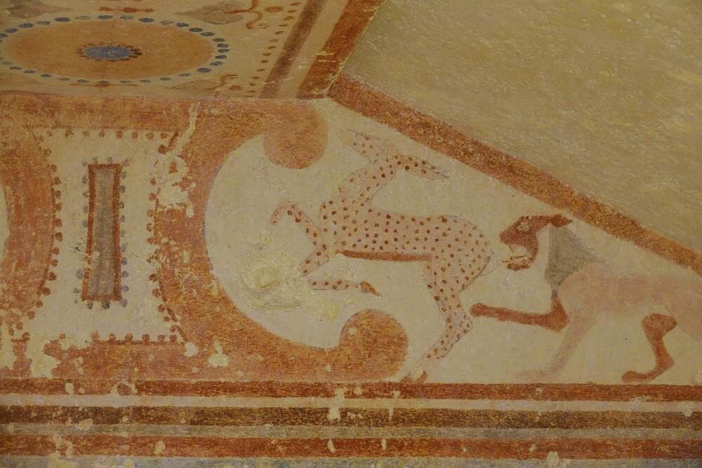 Tomba Cardarelli burial chamber with frescoes from the 6th century BC, Etruscan Monterozzi Necropolis, Tarquinia, Viterbo province, Lazio Latium region, Italy, Europe