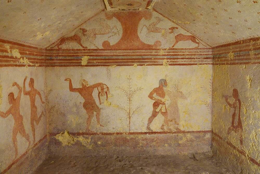 Tomba dei Baccanti Tomb of the Bacchants with frescoes from the 6th century BC, Etruscan Monterozzi Necropolis, Tarquinia, Viterbo Province, Lazio Region Latium, Italy, Europe