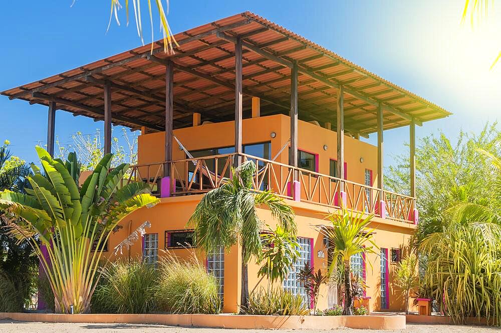 Room for tourists near the beach, bungalow room with blue sky and palm trees Rivas, Nicaragua, Central America