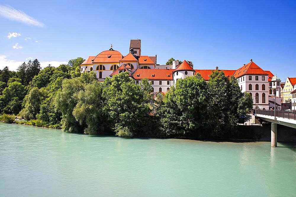 St. Mang Monastery and Town Parish Church on the River Lech, Fuessen, Romantic Road, Ostallgaeu, Bavaria, Germany, Europe