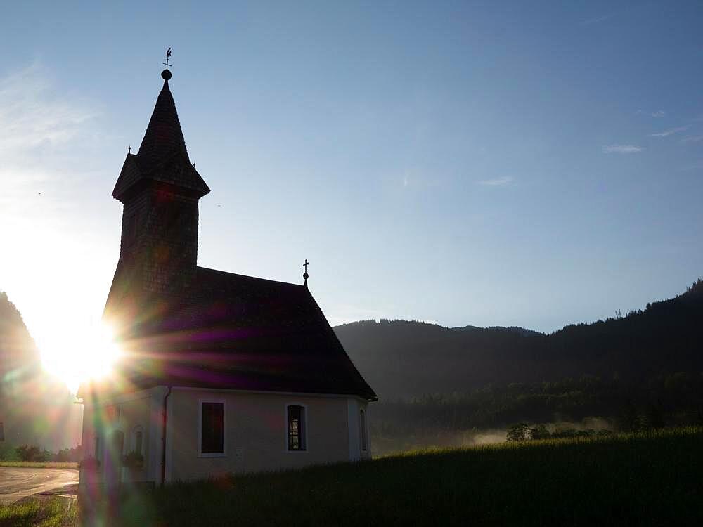 Morning atmosphere, Raphael Church, village church in Goessl, Grundlsee municipality, Ausseerland, Salzkammergut, Styria