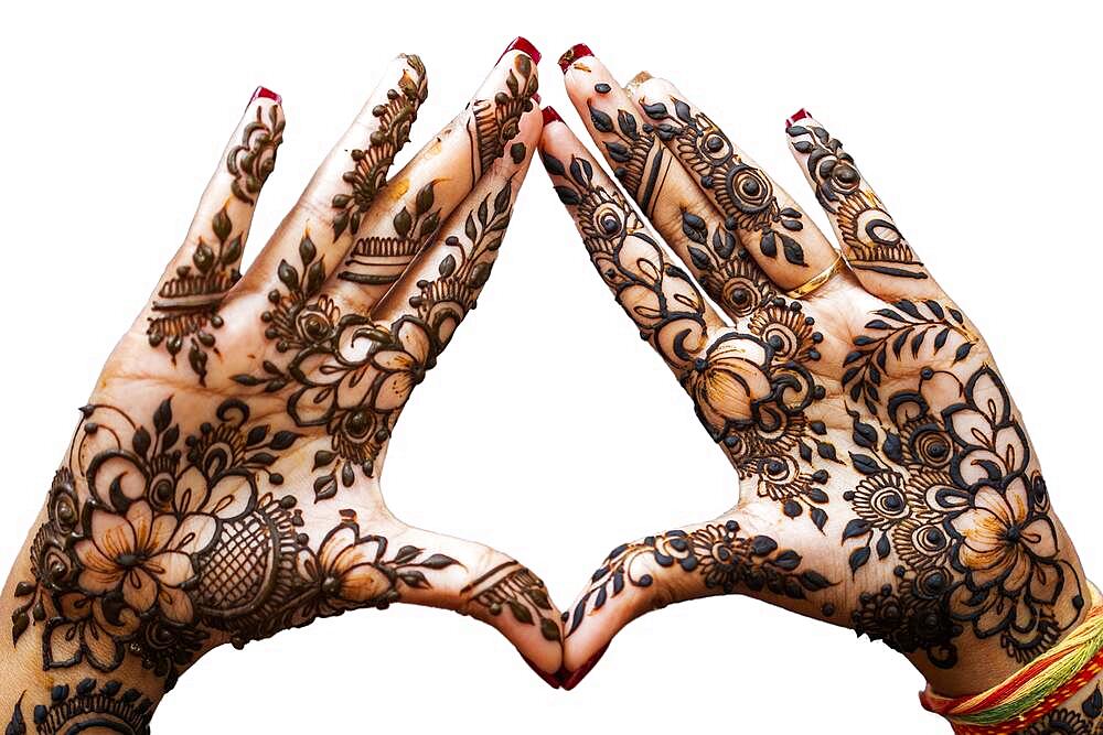 Hand of Hindu bride painted with hennas isolated on white background, Mauritius, Africa