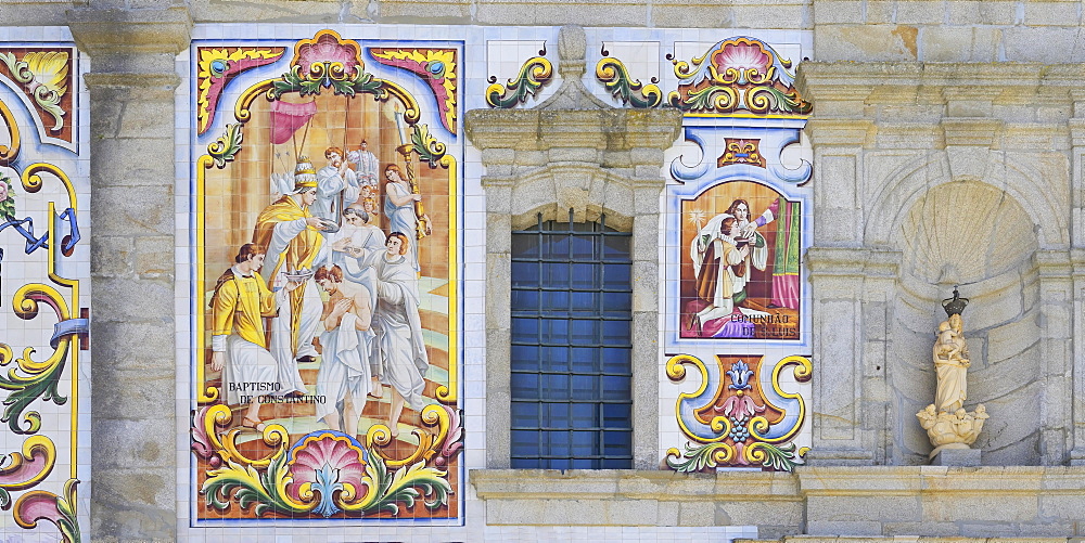 Valega main Church, Detail of the facade covered with azulejos, Valega, Beira, Portugal, Europe