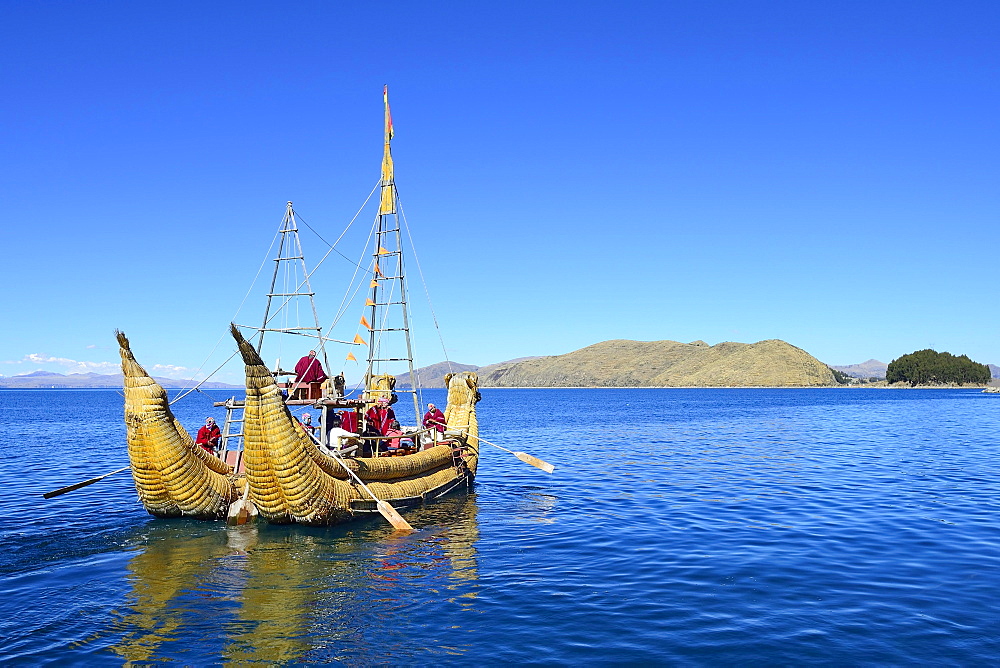 Typical reed boat from Totora, Isla del Sol, Lake Titicaca, Department of La Paz, Bolivia, South America