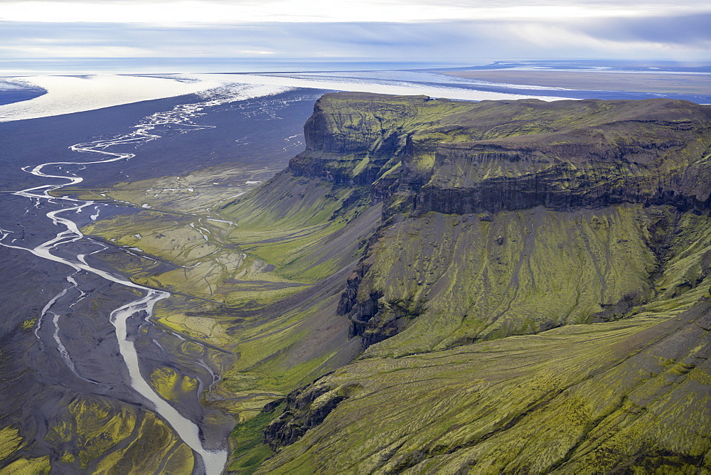 River Gigjukvisl and Nupsa embedded in lava sand, Skaftafell, Austurland, Iceland, Europe