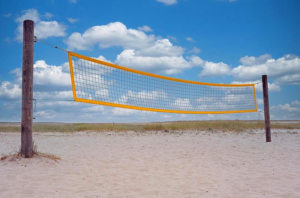 Beach volleyball net on the beach, Germany, Europe