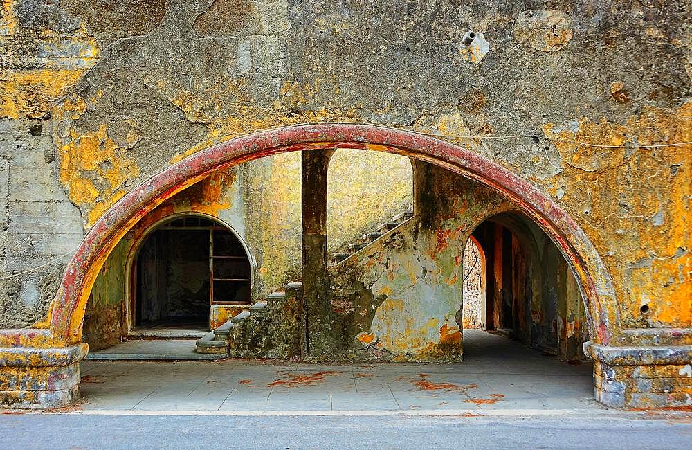 Entrance of a dilapidated arcaded building, Eleousa, Lost Place, Rhodes, Greece, Europe