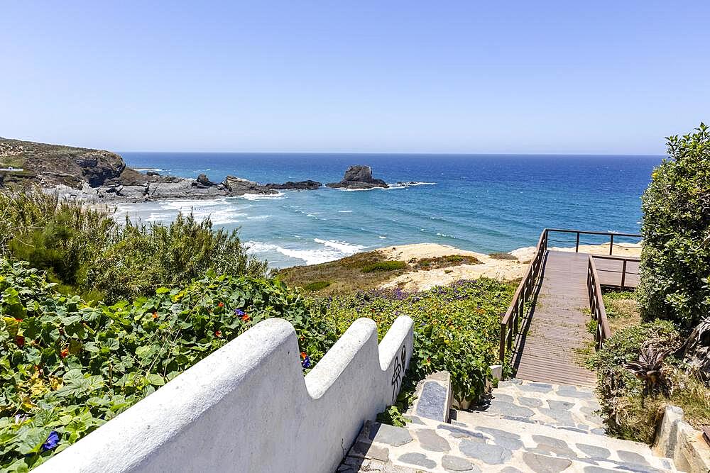 Wooden walkways by the Atlantic Ocean in Zambujeira Do Mar, Vicentina Coast Natural Park, Alentejo, Portugal, Europe