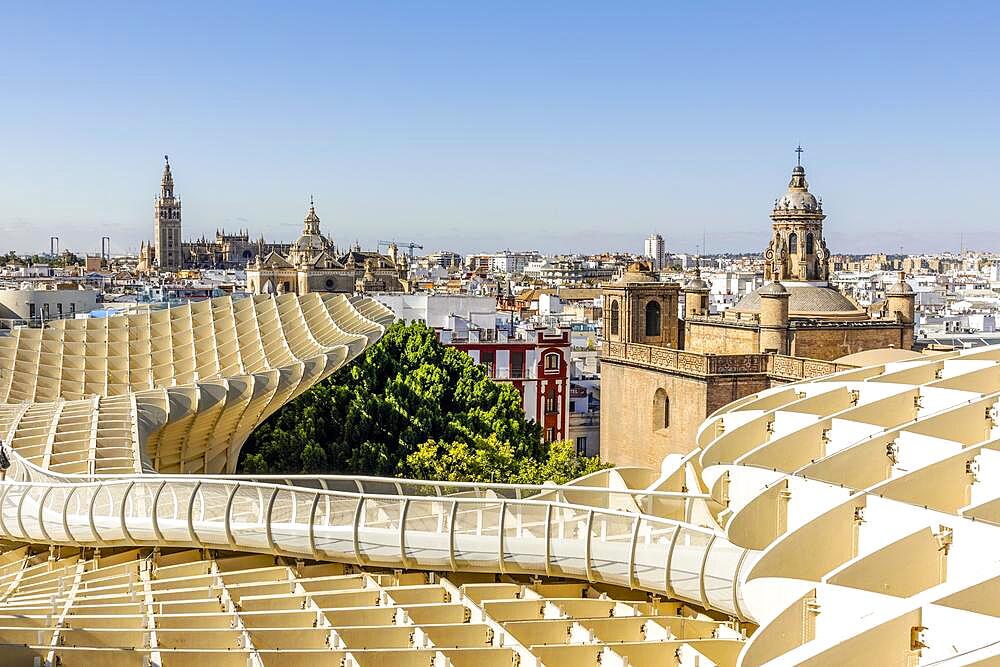 Wooden roof called Setas de Sevilla and amazing panoramic view of the city, Seville, Andalusia, Spain, Europe