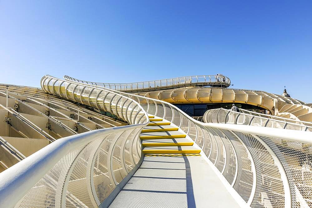 Architectural detail of Setas de Sevilla, wooden roof with walkways on the top with amazing panoramic view of the city, Seville, Andalusia, Spain, Europe