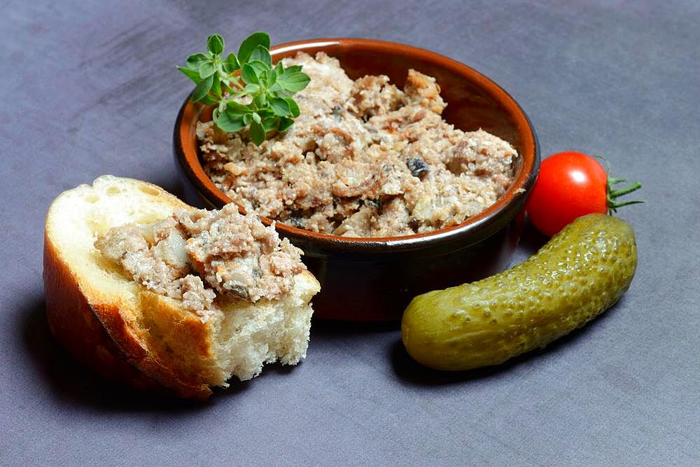 A bowl with meat terrine, bread and gherkin, France, Europe