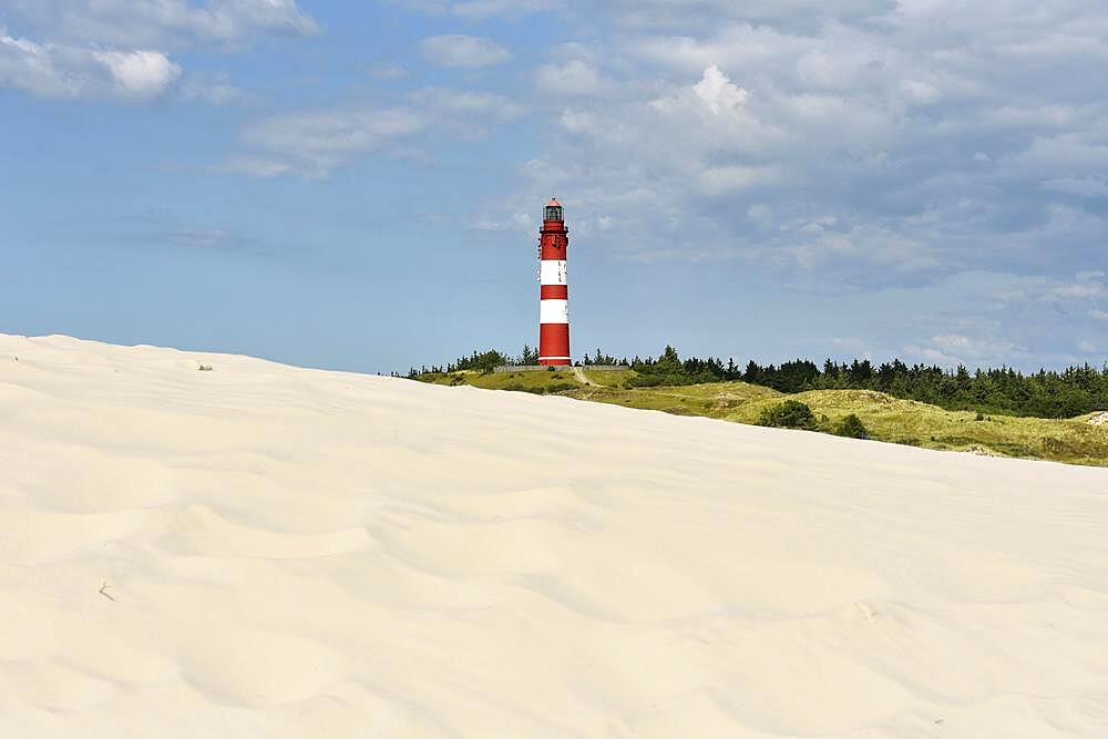 Amrum lighthouse behind a sand dune, Amrum, North Frisian Island, North Frisia, Schleswig-Holstein, Germany, Europe