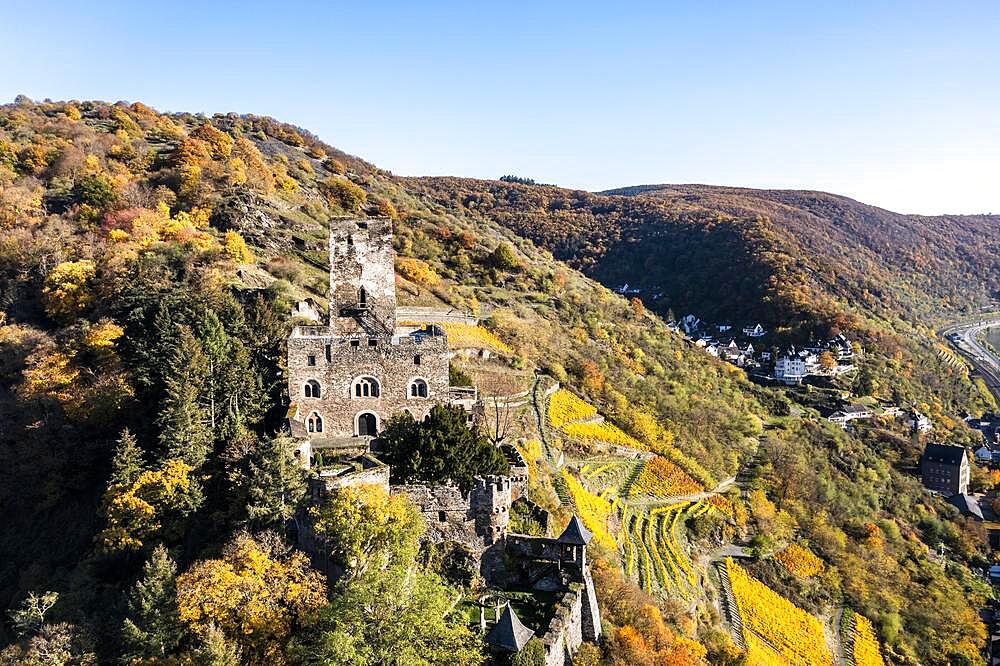 Aerial view, Gutenfels Castle in Kaub on the Rhine, Rhineland-Palatinate, Germany, Europe