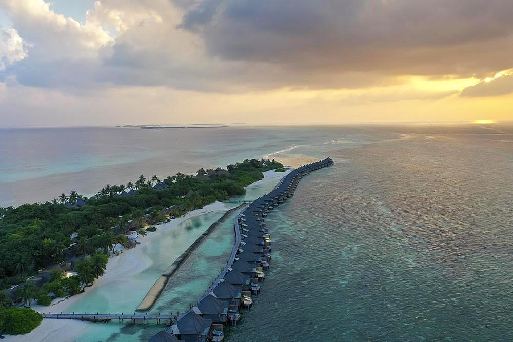 Aerial view, Kuredu with water bungalows and beaches, Laviyani Atoll, Maldives, Indian Ocean, Asia