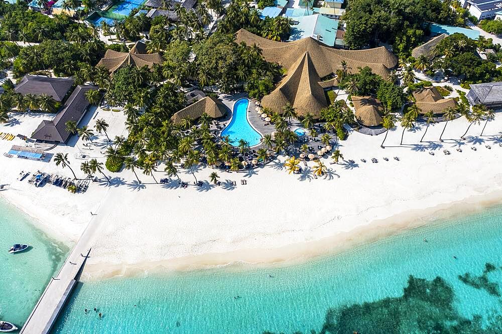 Aerial view, Kuredu with water bungalows and beaches, Laviyani Atoll, Maldives, Indian Ocean, Asia