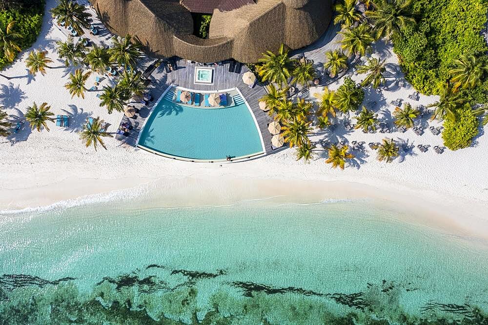 Aerial view, Kuredu with water bungalows and beaches, Laviyani Atoll, Maldives, Indian Ocean, Asia