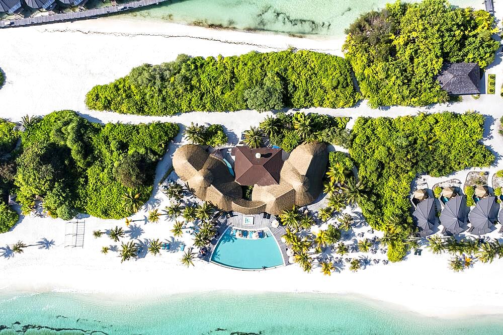 Aerial view, Kuredu with water bungalows and beaches, Laviyani Atoll, Maldives, Indian Ocean, Asia