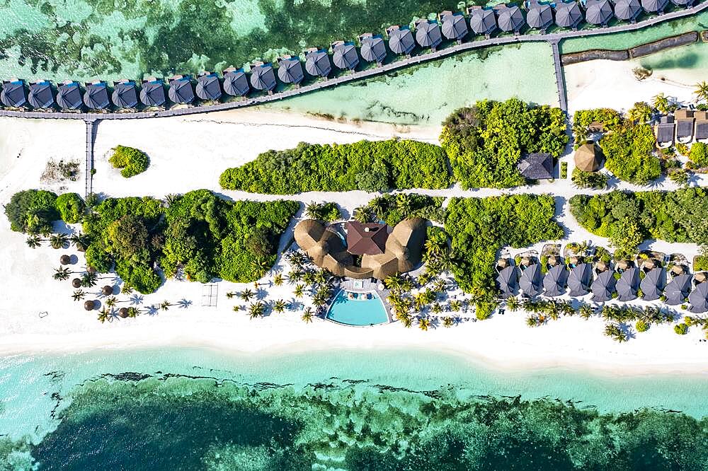 Aerial view, Kuredu with water bungalows and beaches, Laviyani Atoll, Maldives, Indian Ocean, Asia