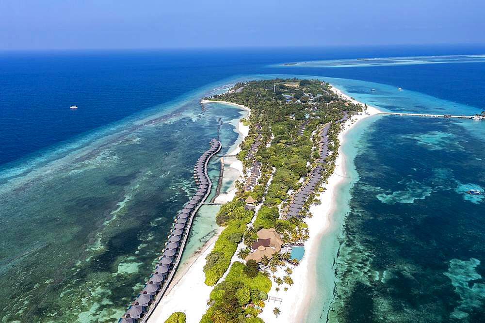 Aerial view, Kuredu with water bungalows and beaches, Laviyani Atoll, Maldives, Indian Ocean, Asia