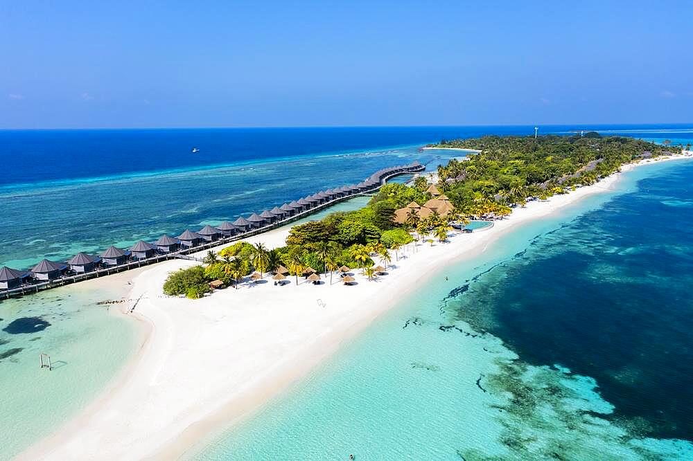 Aerial view, Kuredu with water bungalows and beaches, Laviyani Atoll, Maldives, Indian Ocean, Asia