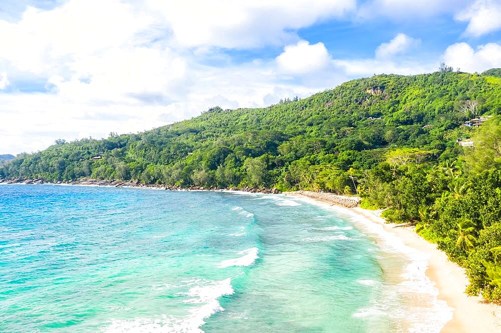Takamaka Beach with Palm Trees Sea Ocean Drone Shot in Mahe, Seychelles, Africa