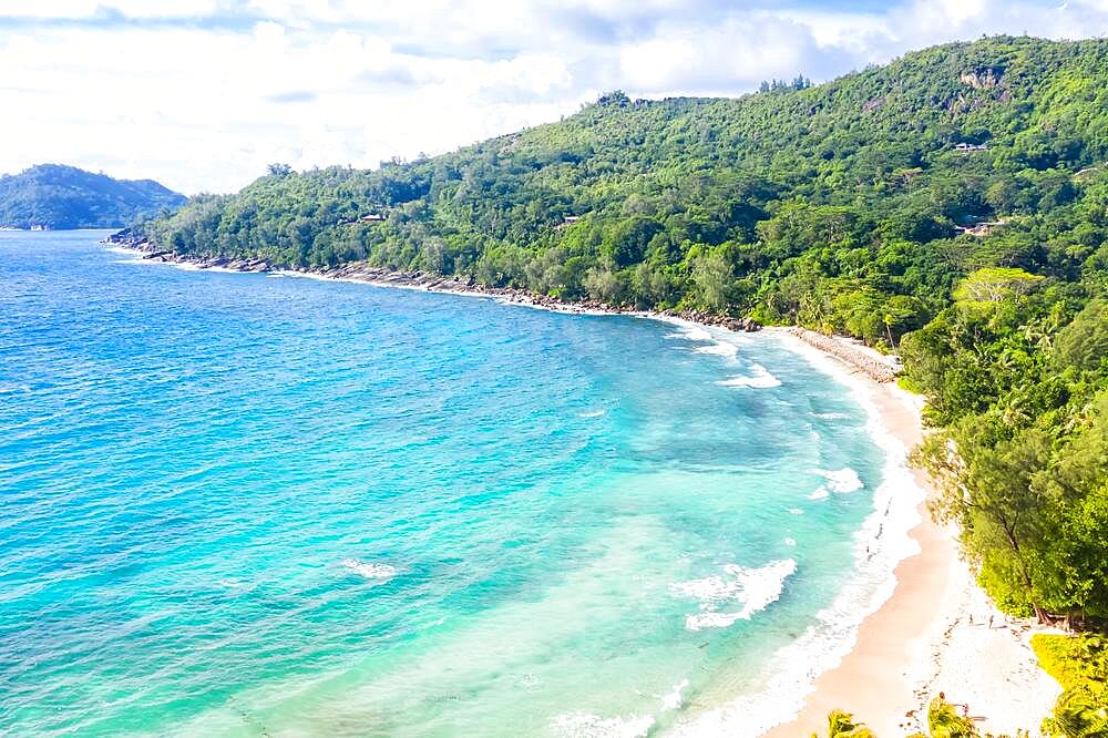 Takamaka Beach with Palm Trees Sea Ocean Drone Shot in Mahe, Seychelles, Africa