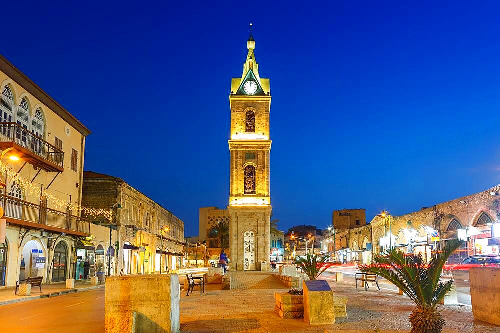 Jaffa Clock Tower clock tower blue hour night city in Tel Aviv, Israel, Asia