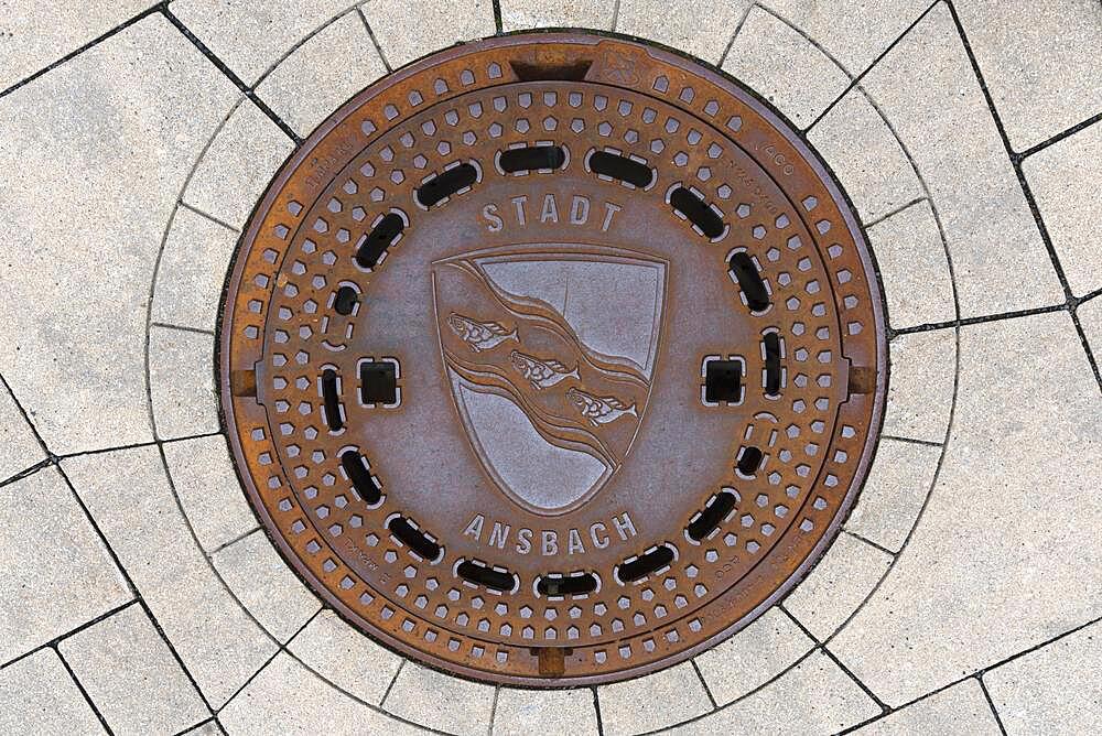 Manhole cover with city coat of arms, Ansbach, Middle Franconia, Bavaria, Germany, Europe