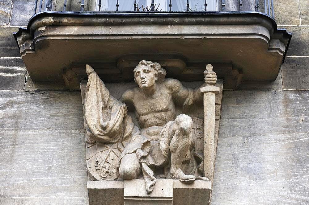 High relief, man with sword and flag, town hall, Bayreuth, Upper Franconia, Bavaria, Germany, Europe