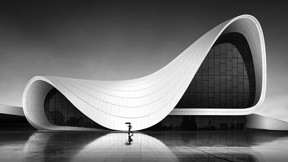 Reflection of the modern forms and organic architecture of the Heydar Aliyev Centre, Baku, Azerbaijan, Asia